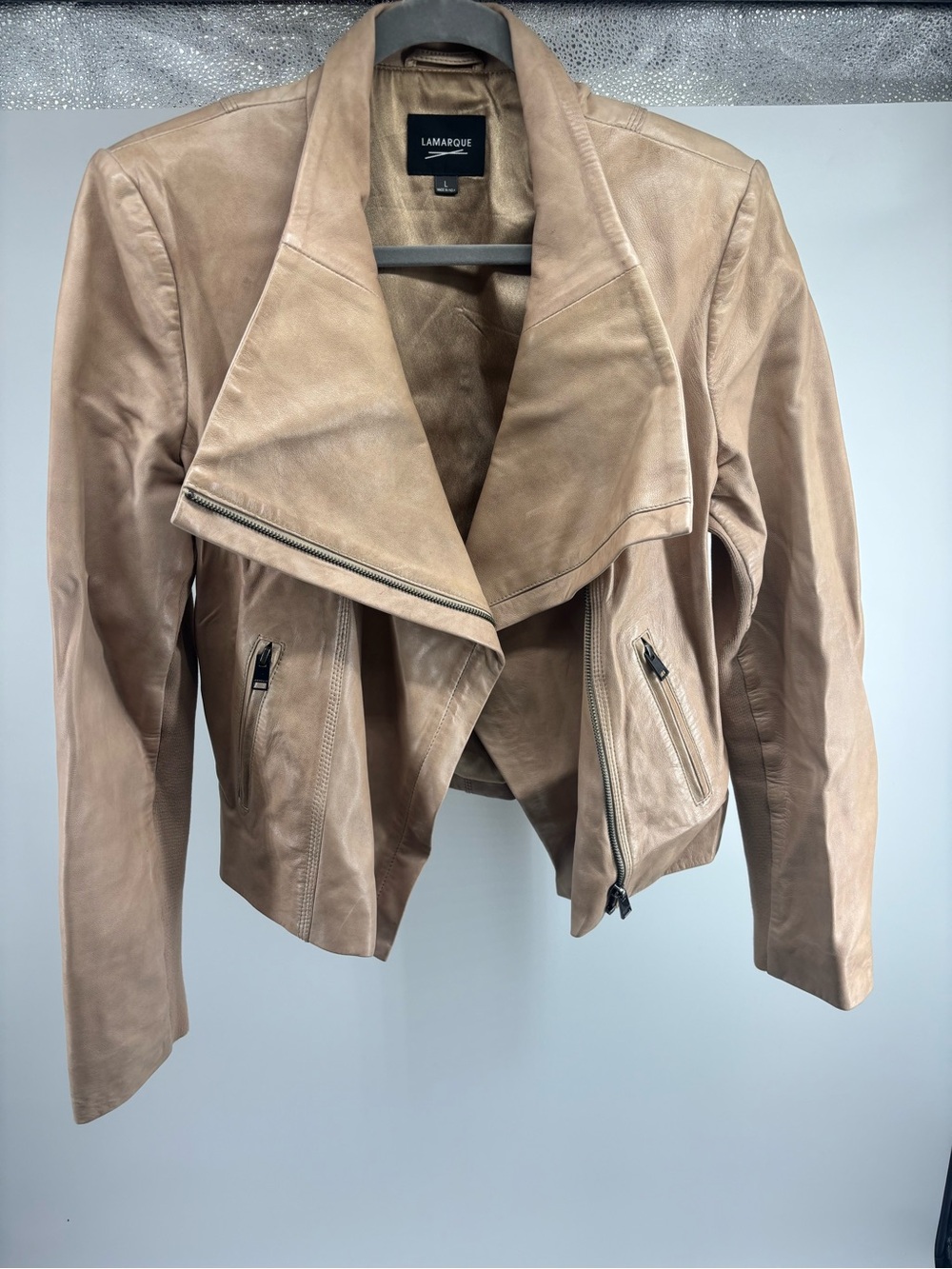 Lamarque Light Taupe Leather Asymmetrical Moto Jacket - Picture 2 of 7
